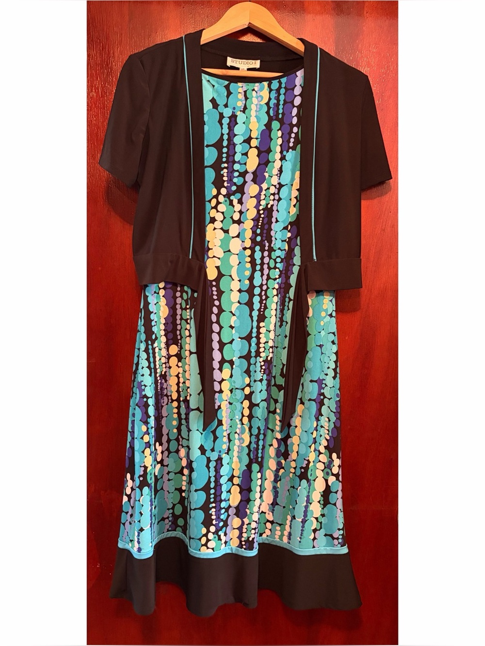 Studio I Black Dress with Teal, Aqua & Purple Dot Pattern and Black Bolero - Picture 1 of 5